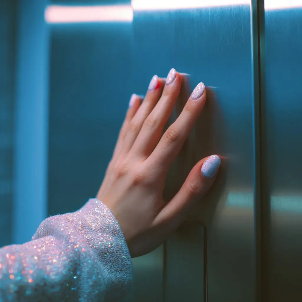 pastel and purple square medium nails with glitter and glossy