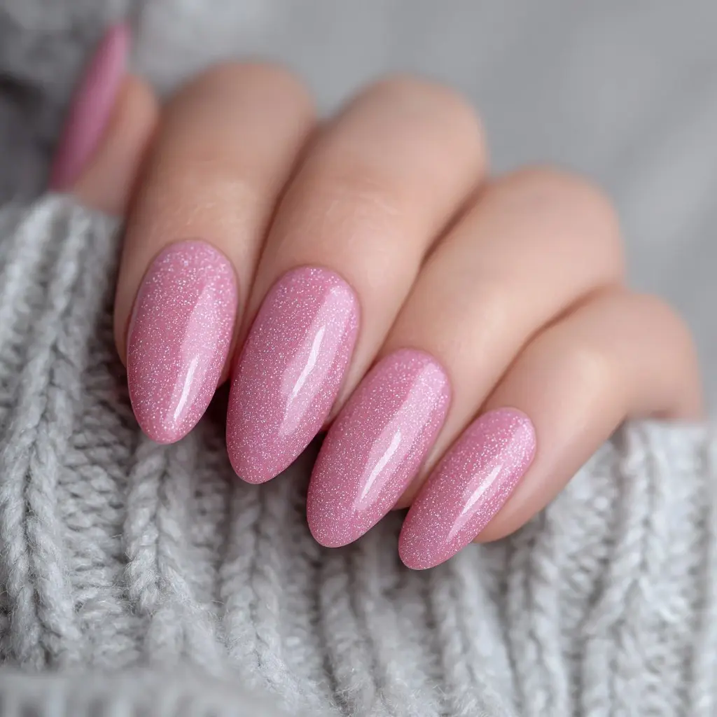 pink and pastel almond medium nails with glitter and glossy