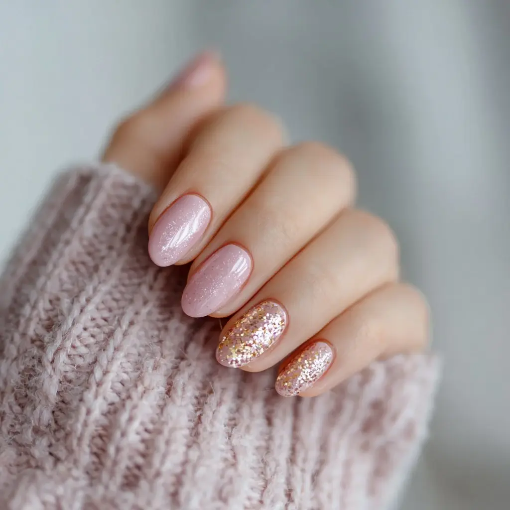 pink and metallic coffin medium nails with glitter and glossy