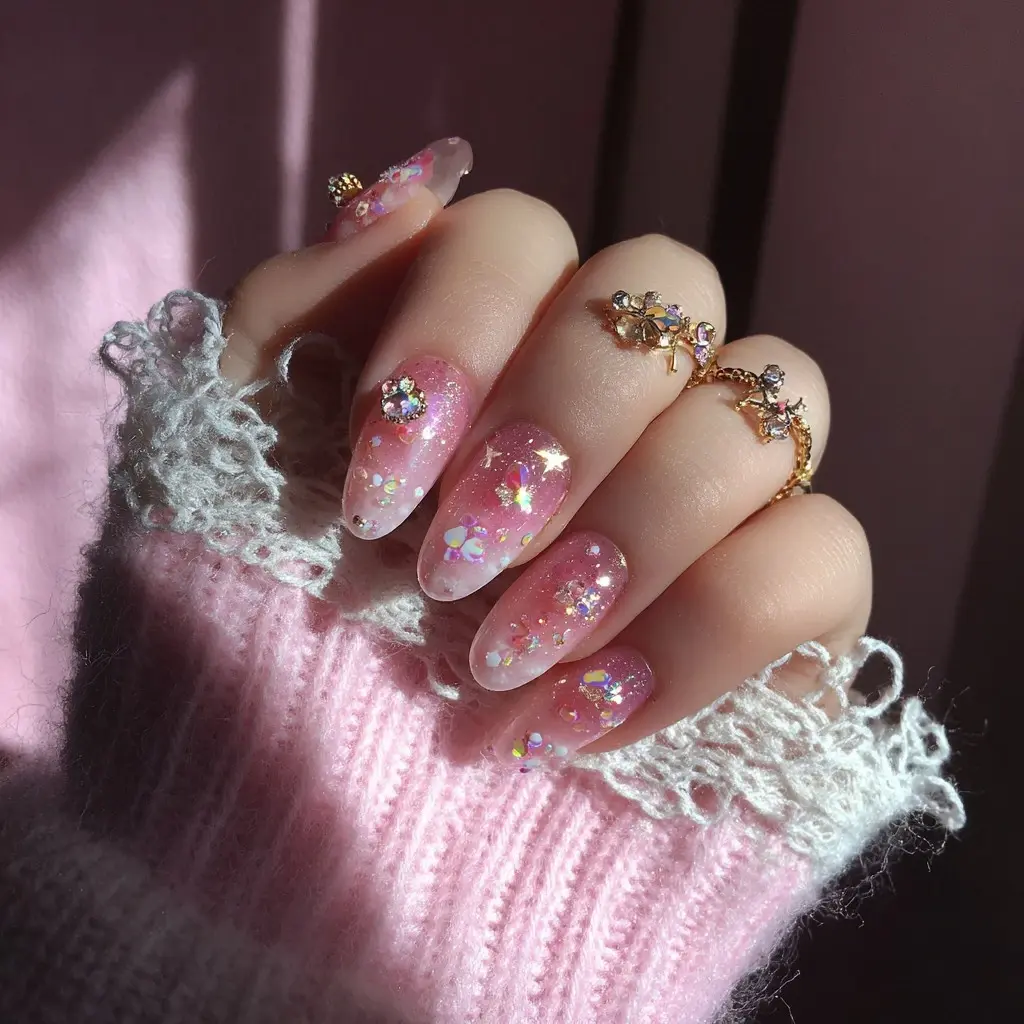 pink and metallic coffin long nails with glitter and glossy