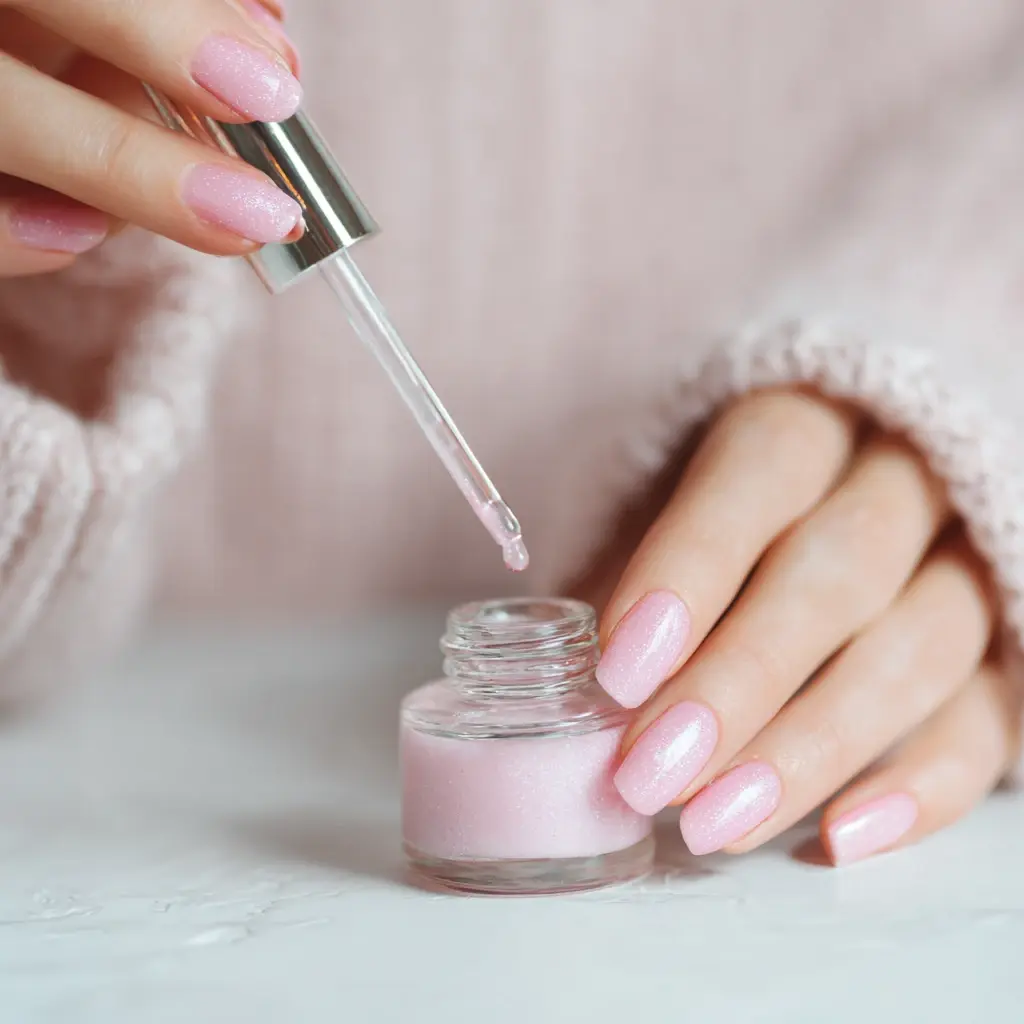 pink and pastel coffin medium nails with glitter and glossy