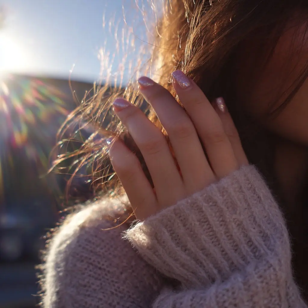 pink and metallic square medium nails with glitter and glossy