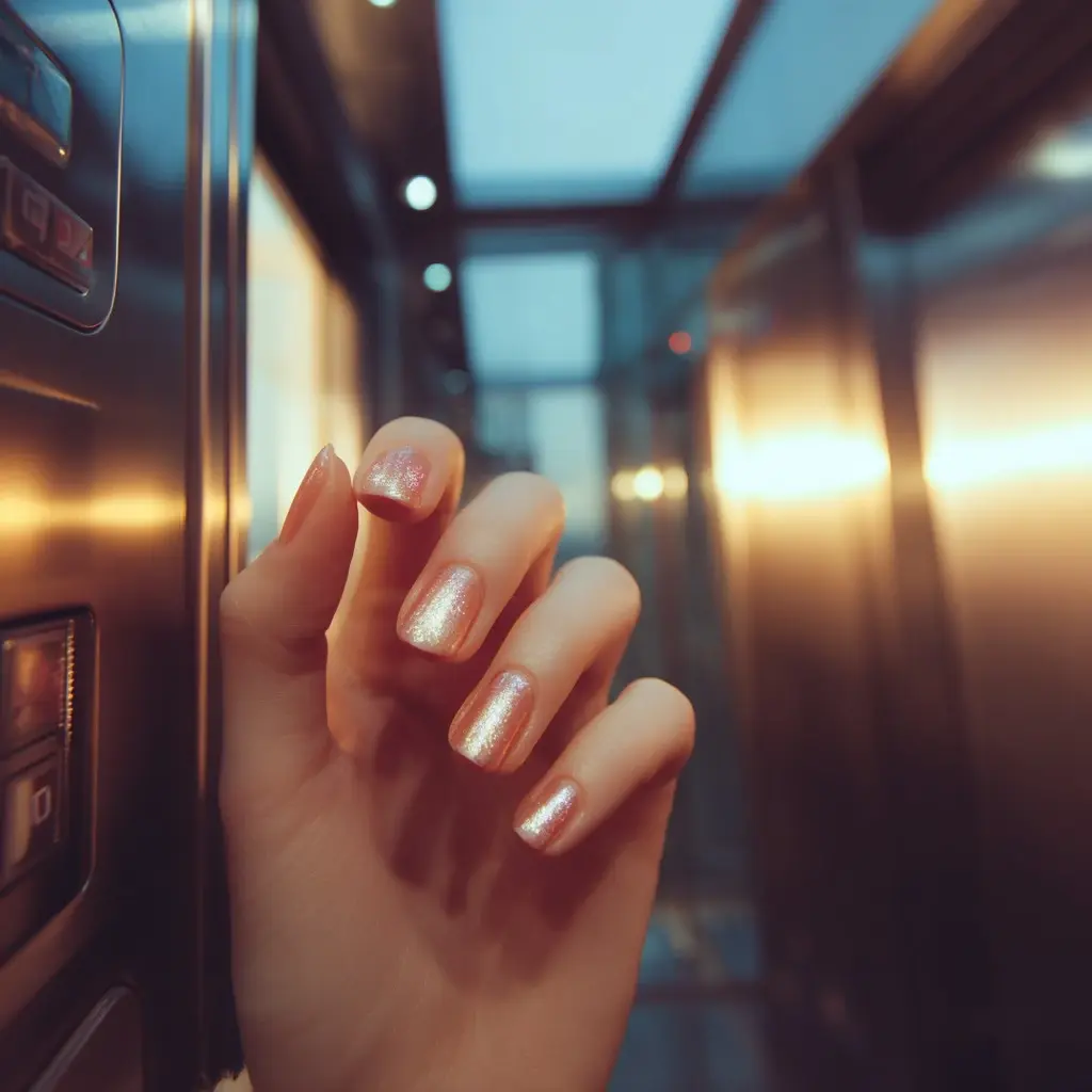pink and metallic square medium nails with glitter and glossy