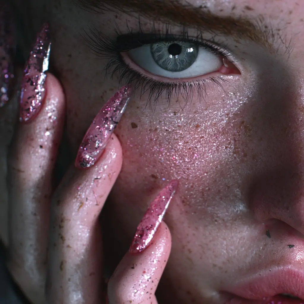 pink and metallic stiletto long nails with glitter and glossy