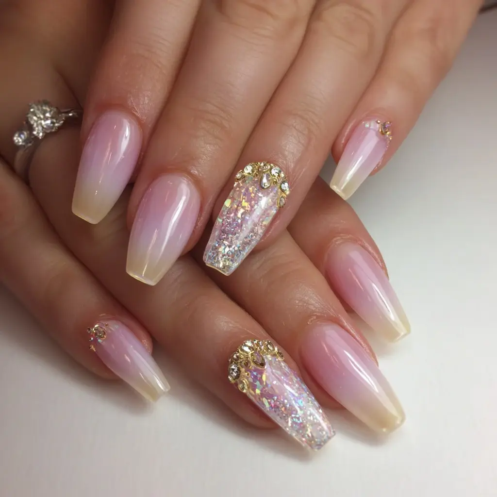 pink and pastel coffin long nails with glitter and glossy