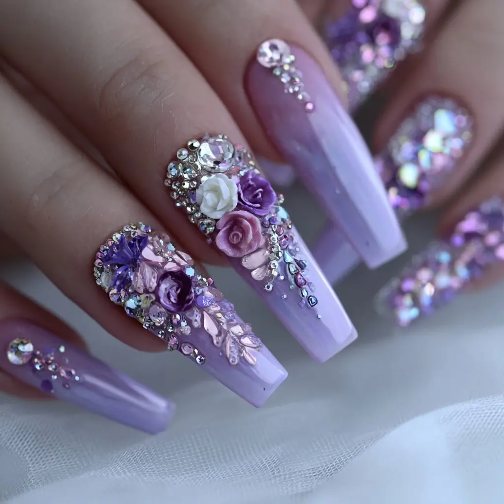 purple and pink coffin long nails with floral and glossy