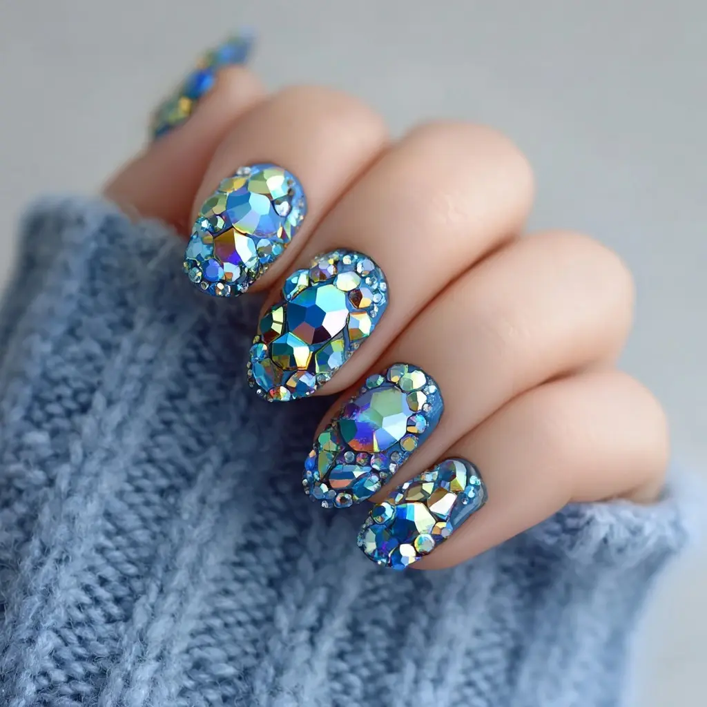 blue and metallic coffin long nails with glitter and 3d