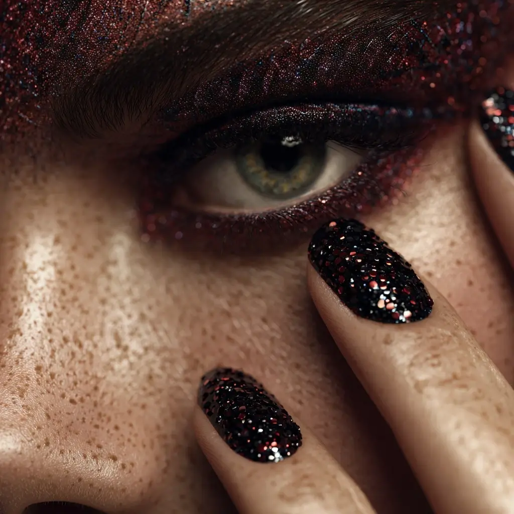 red and metallic coffin medium nails with glitter and glossy