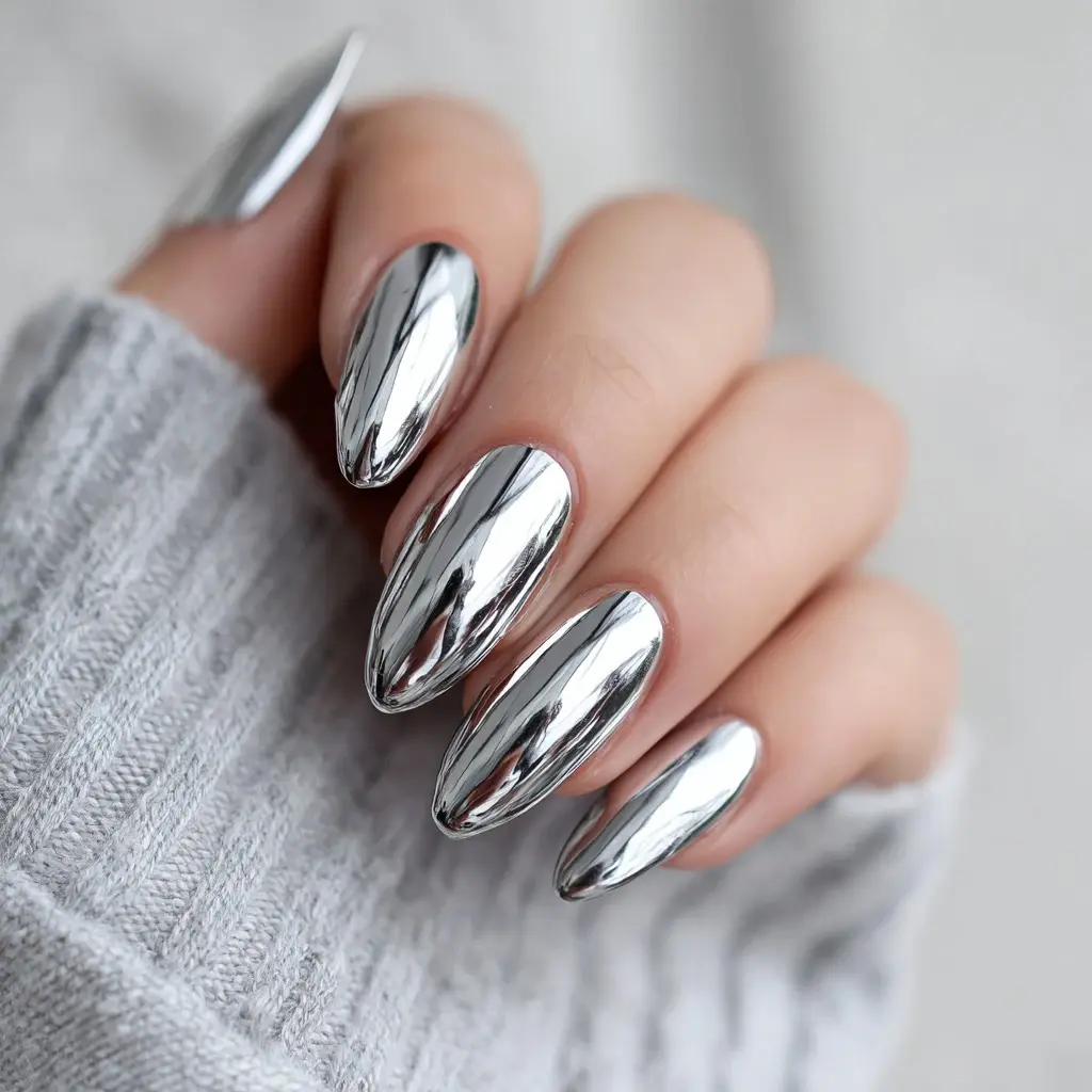 metallic stiletto long nails with glossy and minimalist