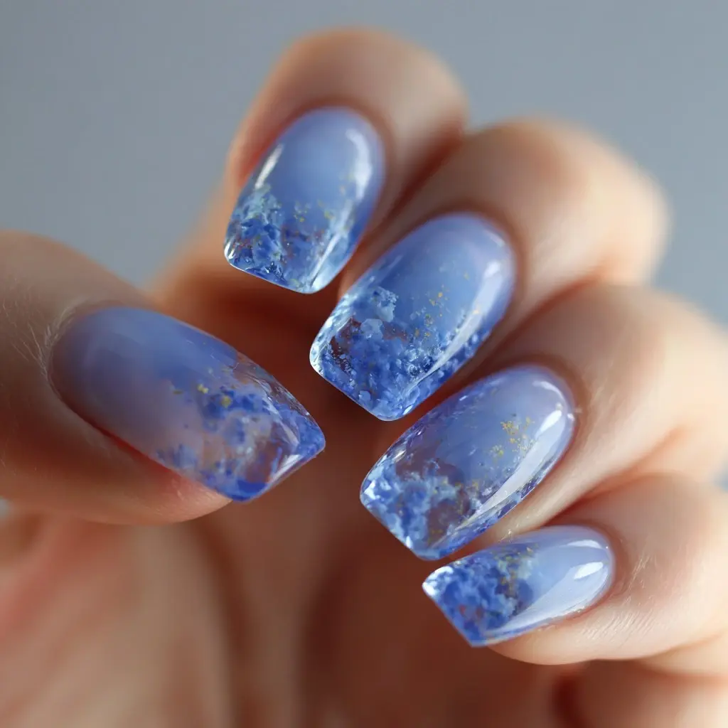 blue and pastel coffin medium nails with glossy and ombre