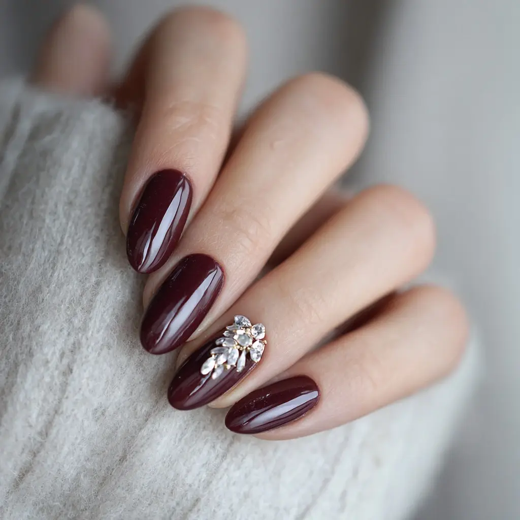 red and metallic coffin medium nails with glossy and abstract