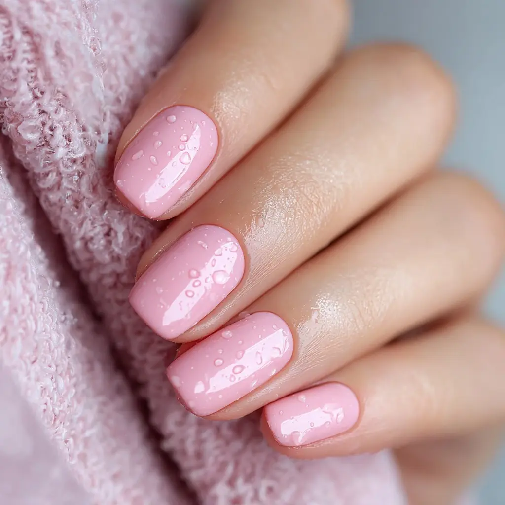 pink and pastel square short nails with glossy and abstract