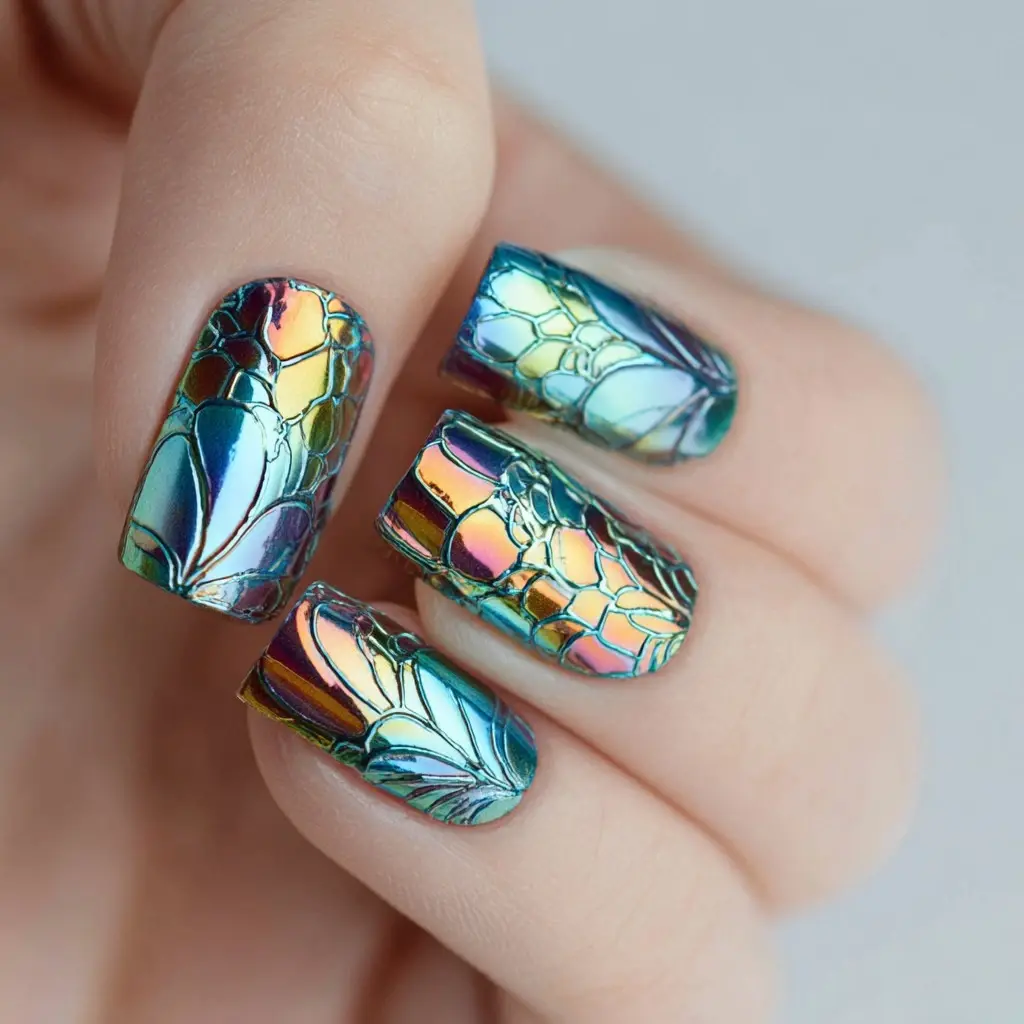 metallic and pastel coffin long nails with abstract and glossy