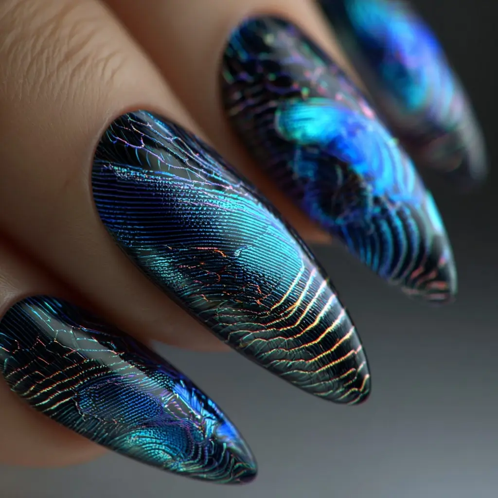 blue and purple coffin long nails with abstract and glossy
