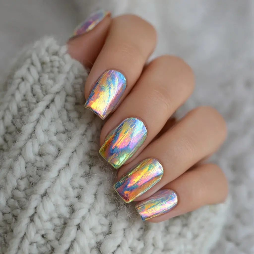 metallic and pastel square medium nails with glossy and abstract