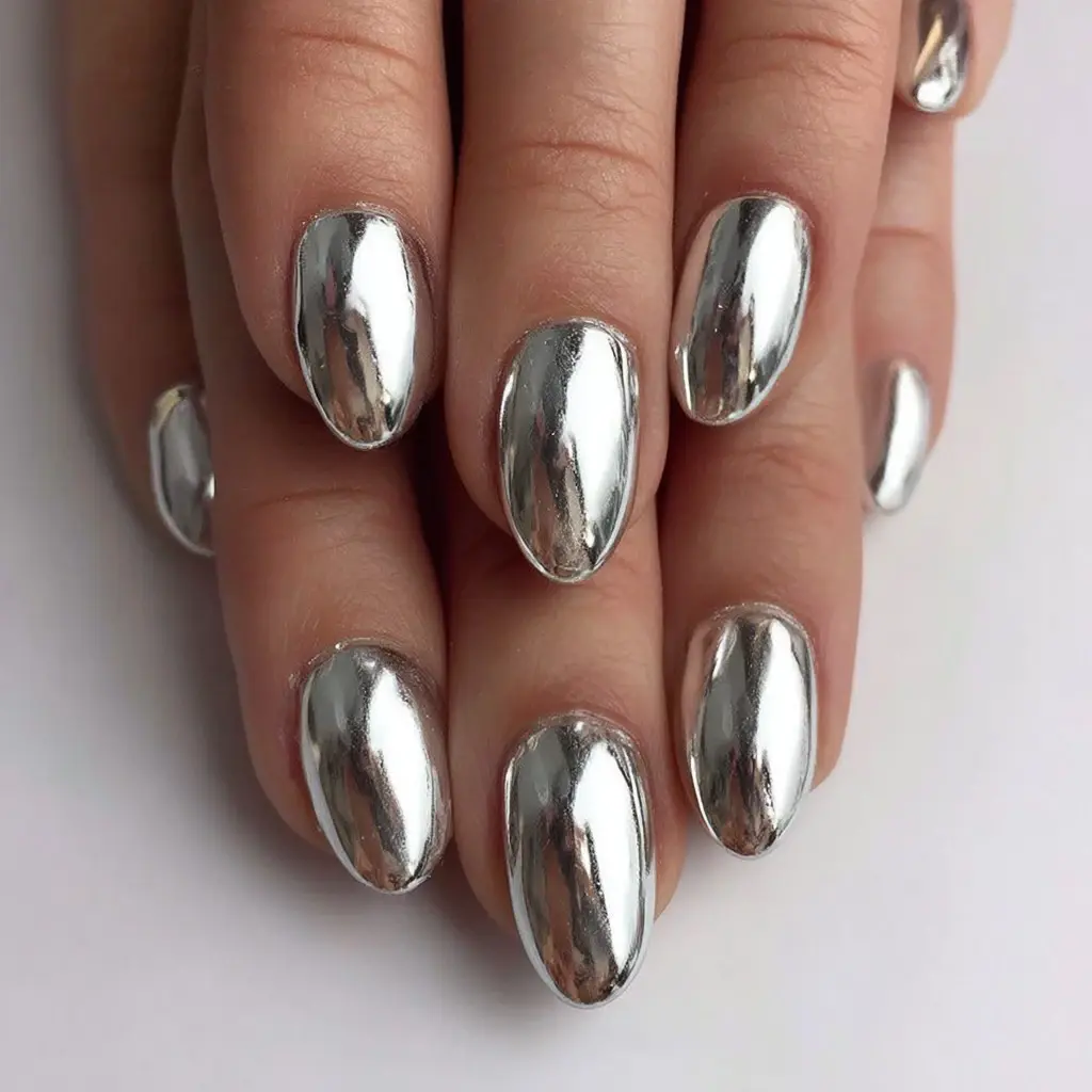 metallic almond long nails with glossy and abstract