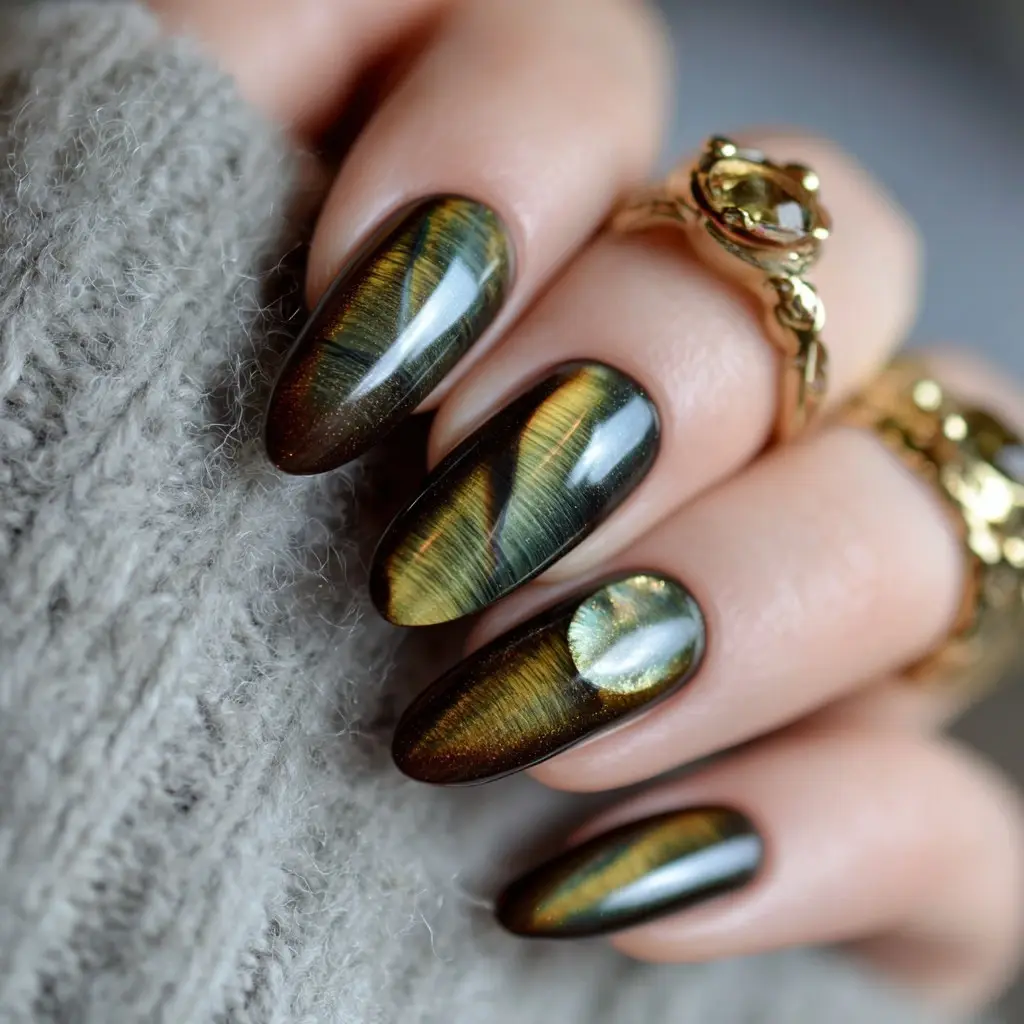 green and black coffin long nails with glossy and abstract