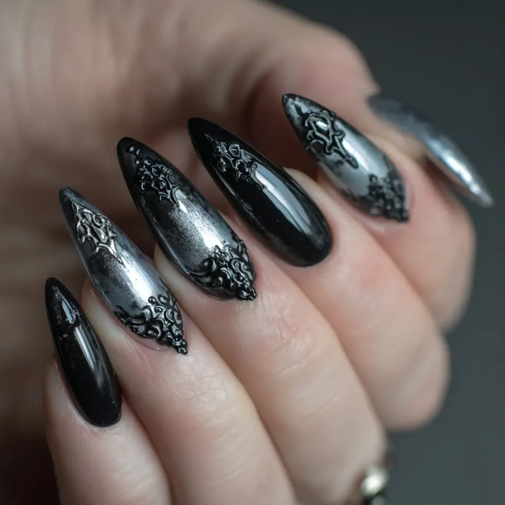 black and silver stiletto long nails with abstract and glitter