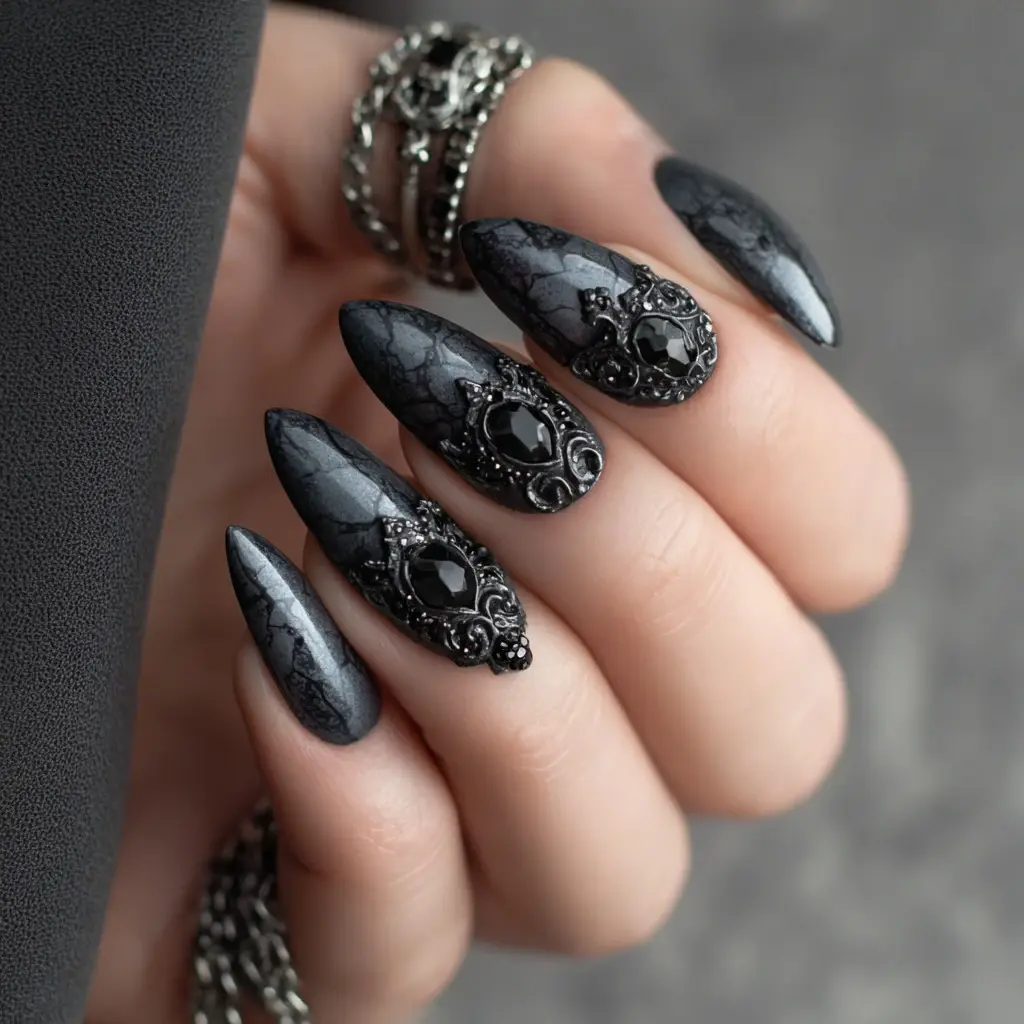 black and metallic stiletto long nails with matte