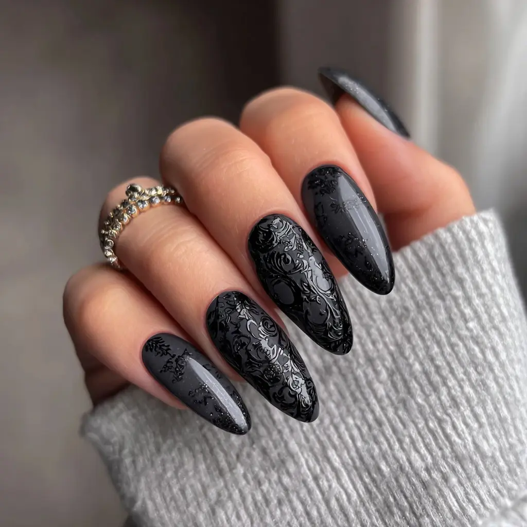 black coffin long nails with floral and abstract
