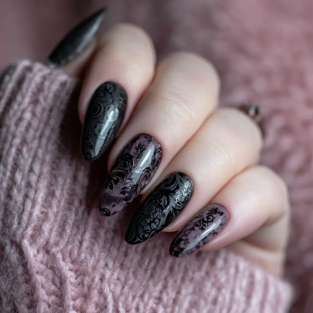 black and purple coffin long nails with floral and abstract