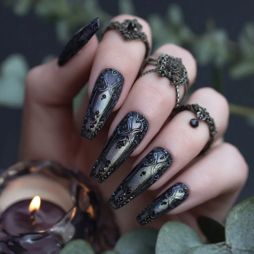 black and metallic coffin long nails with glitter and glossy