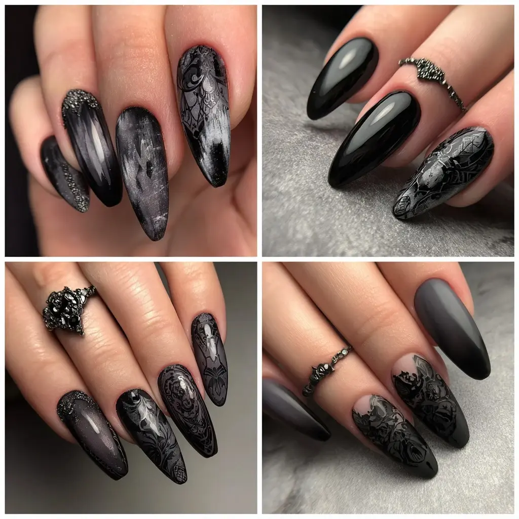 black coffin long nails with abstract and matte