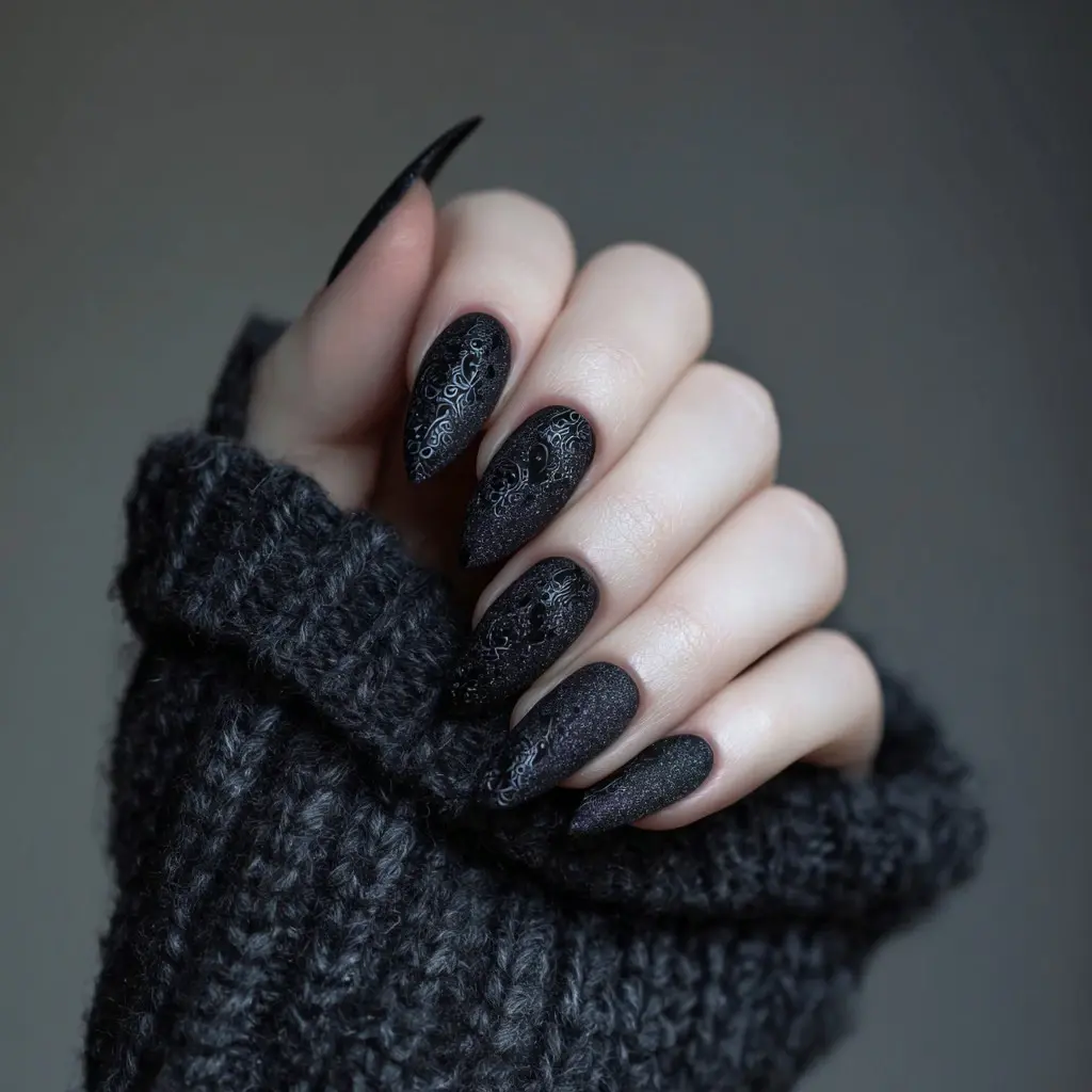 black stiletto long nails with abstract and matte