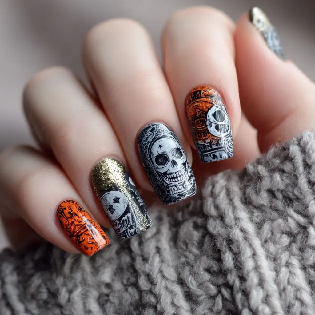 black and orange coffin long nails with abstract and glitter