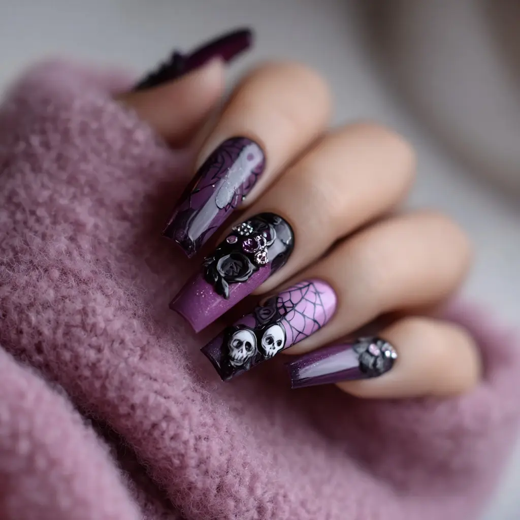 purple and black coffin long nails with abstract and glitter