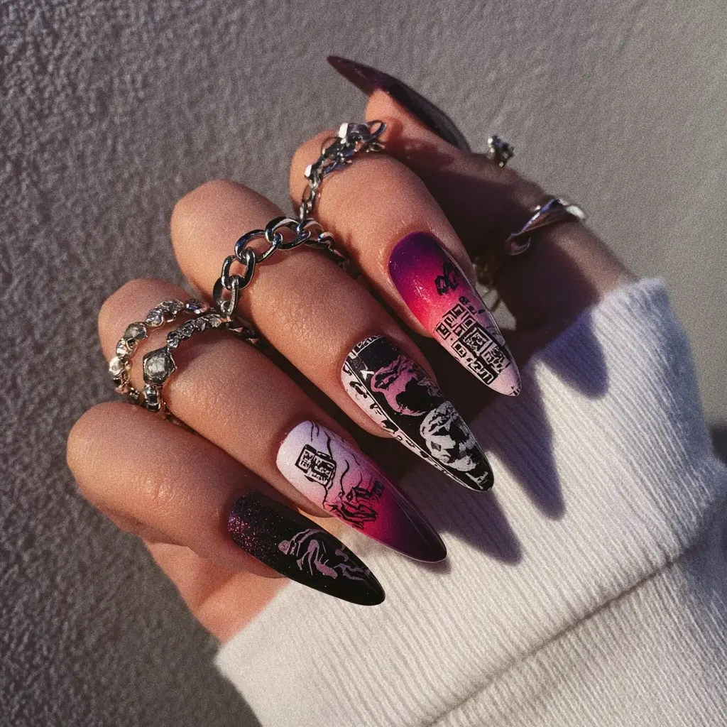black and purple coffin long nails with glitter and abstract