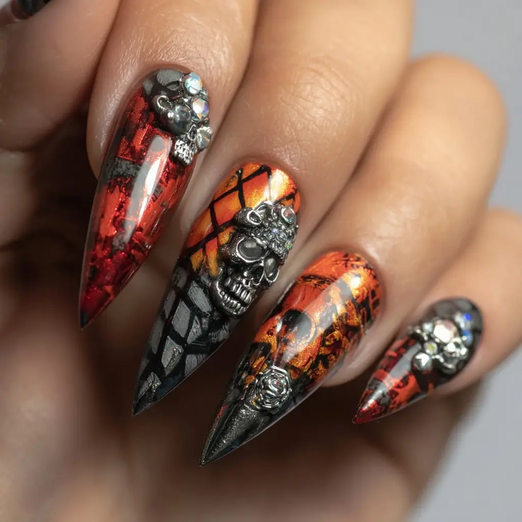 red and black stiletto long nails with abstract and glossy