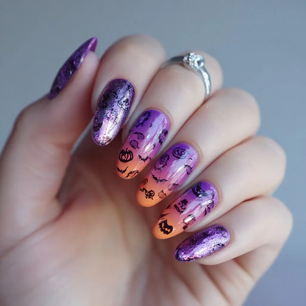 purple and orange coffin medium nails with abstract and ombre