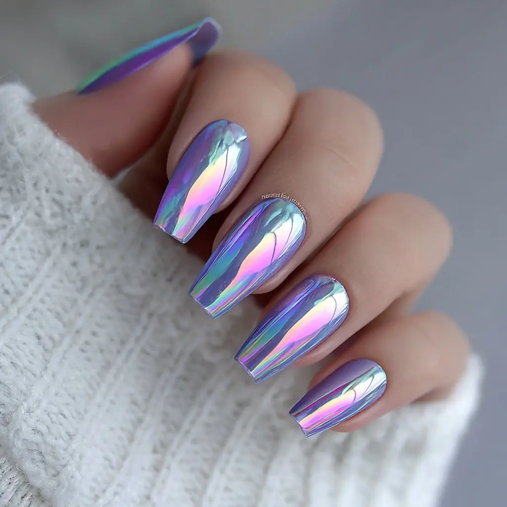 metallic and pastel coffin long nails with abstract and glossy