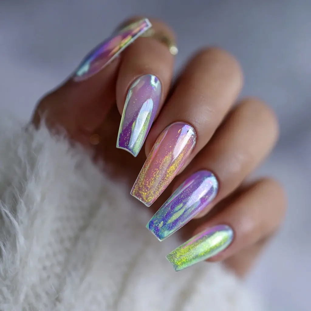 metallic and pastel coffin long nails with abstract and glossy