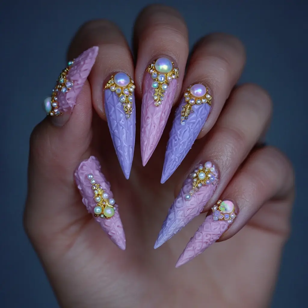 pink and purple stiletto long nails with floral and glossy