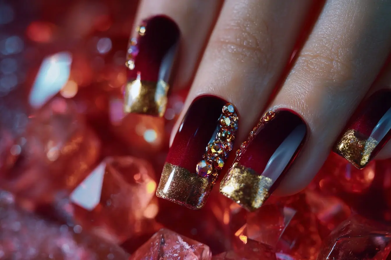 red and gold coffin long nails with glitter and glossy