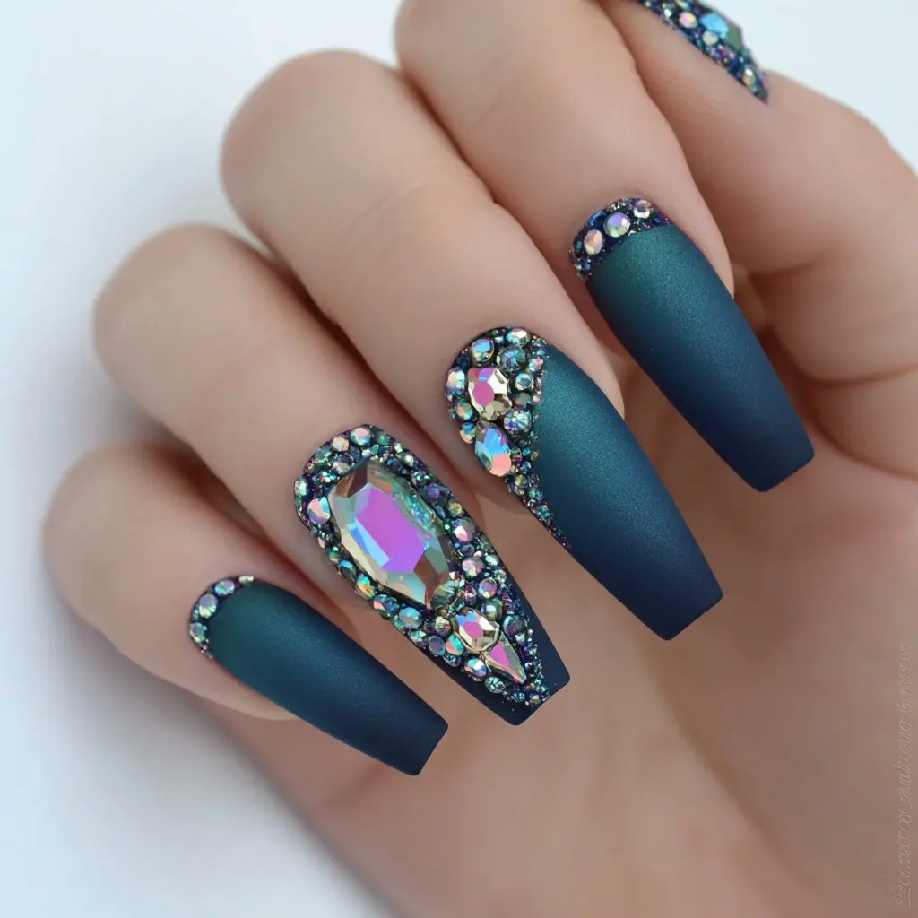 blue and metallic coffin long nails with abstract and glitter