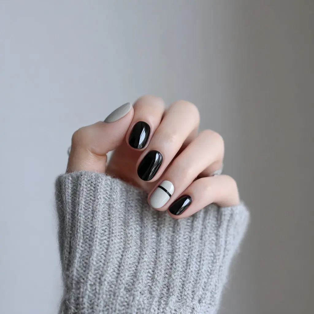 black and white square medium nails with minimalist and french