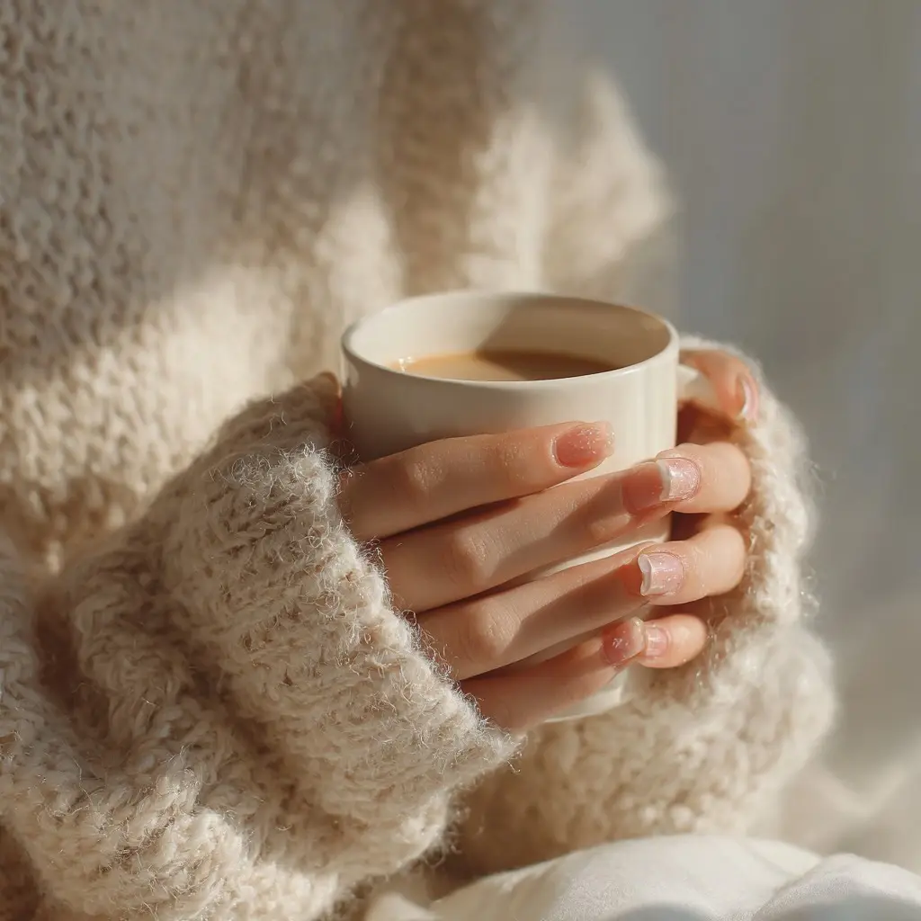 nude and white square short nails with minimalist and french