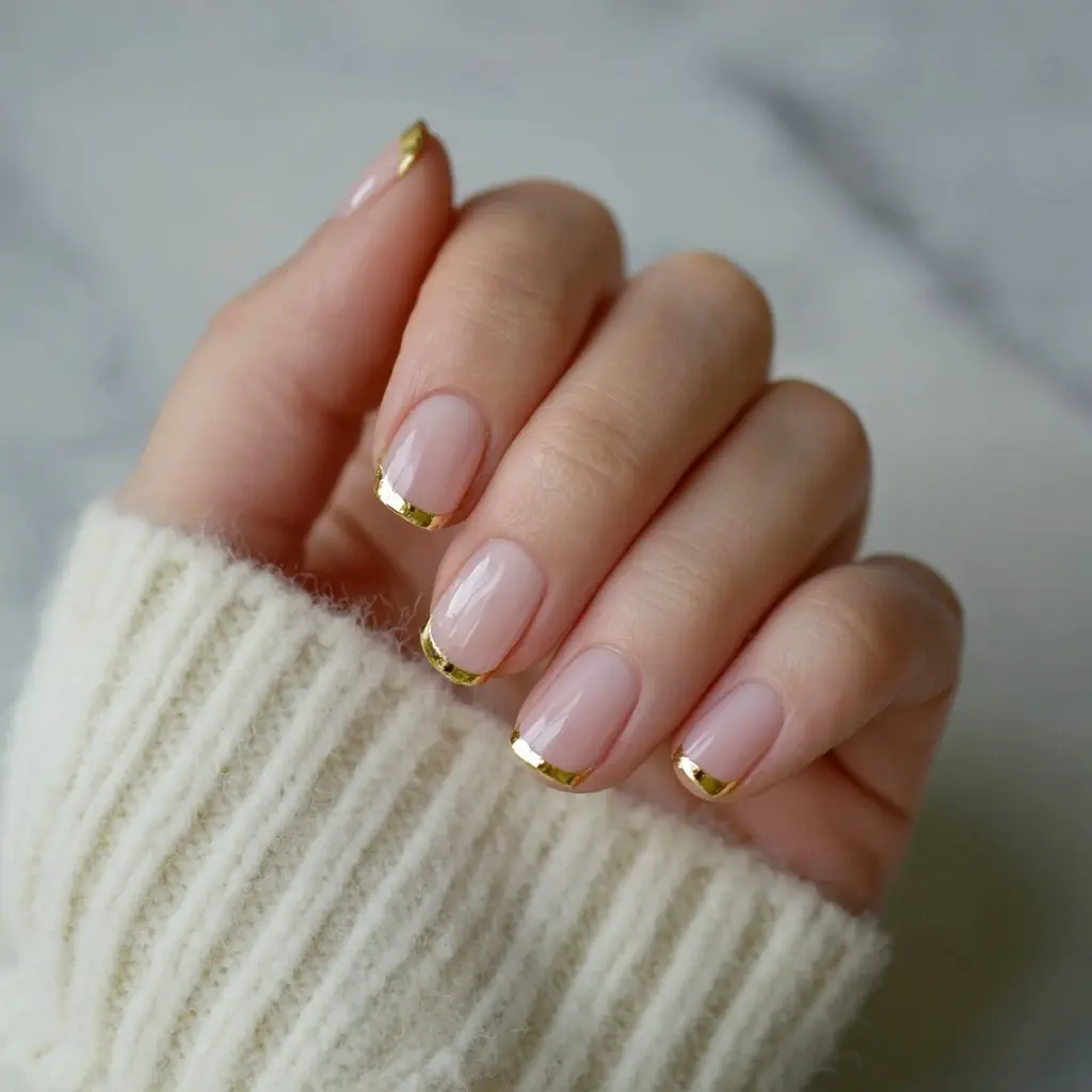 nude and metallic coffin medium nails with minimalist and french