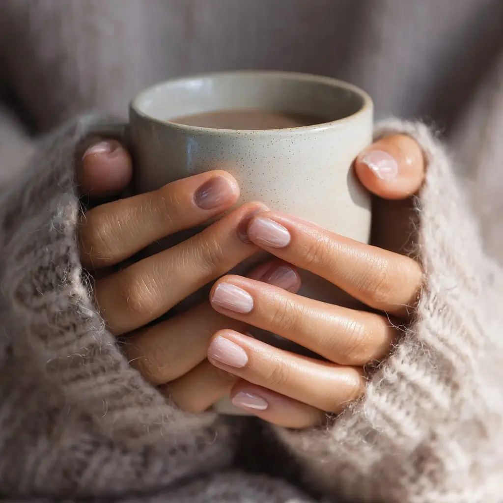 nude square short nails with minimalist and matte