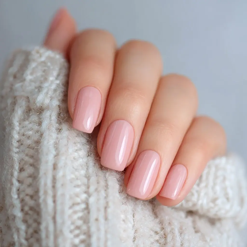 nude and pink square medium nails with minimalist and matte