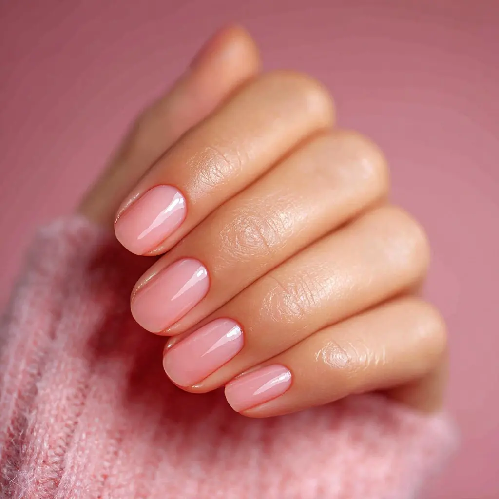 pink square short nails with minimalist and glossy