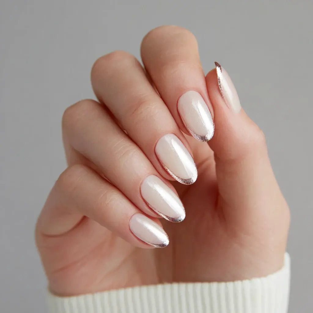 white and metallic almond medium nails with minimalist and french