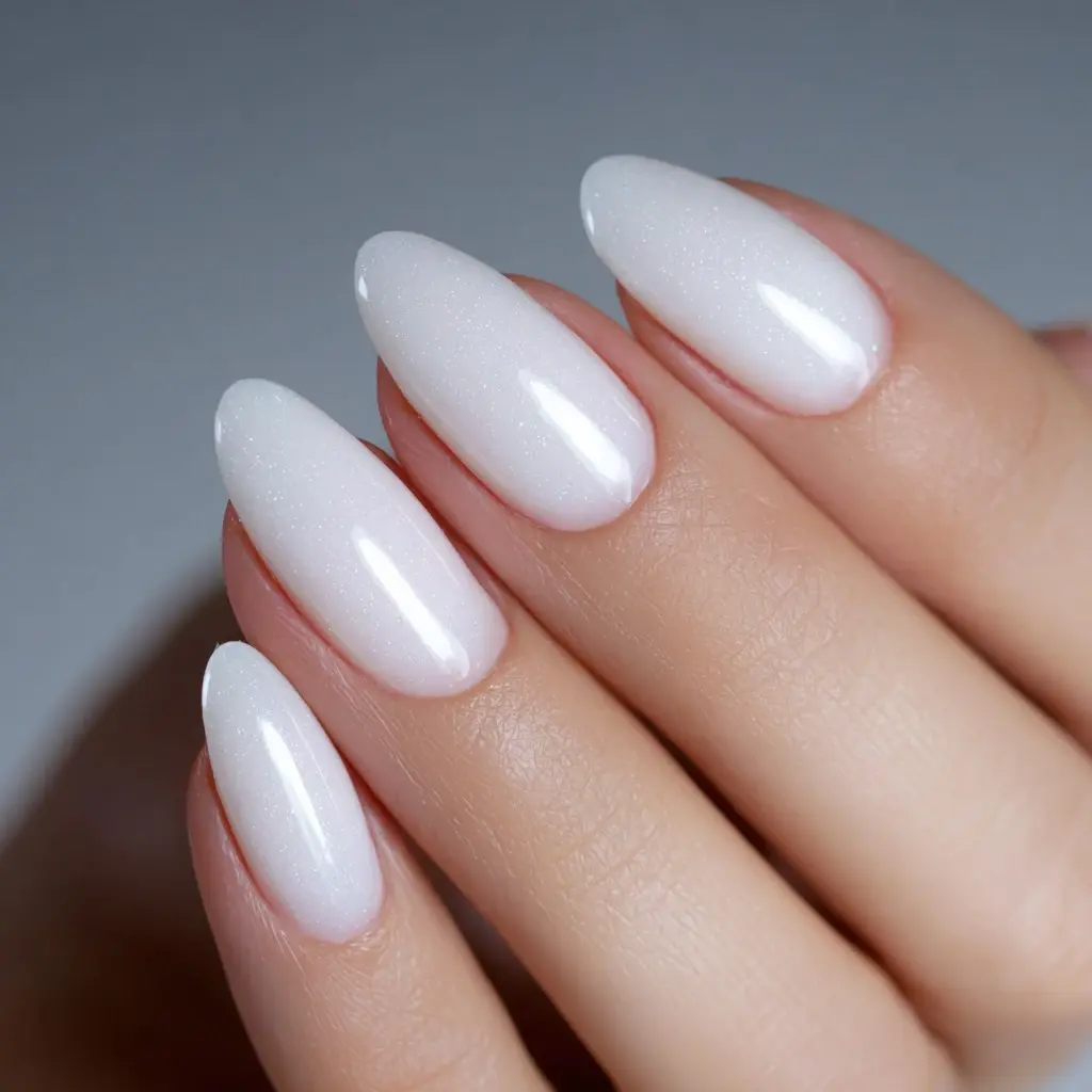 white almond medium nails with minimalist and glossy