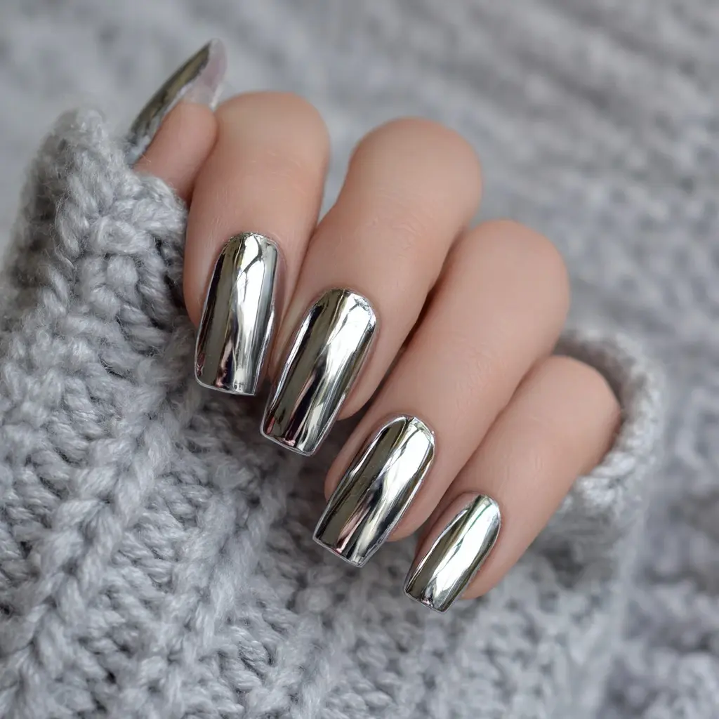 metallic square medium nails with glossy and minimalist