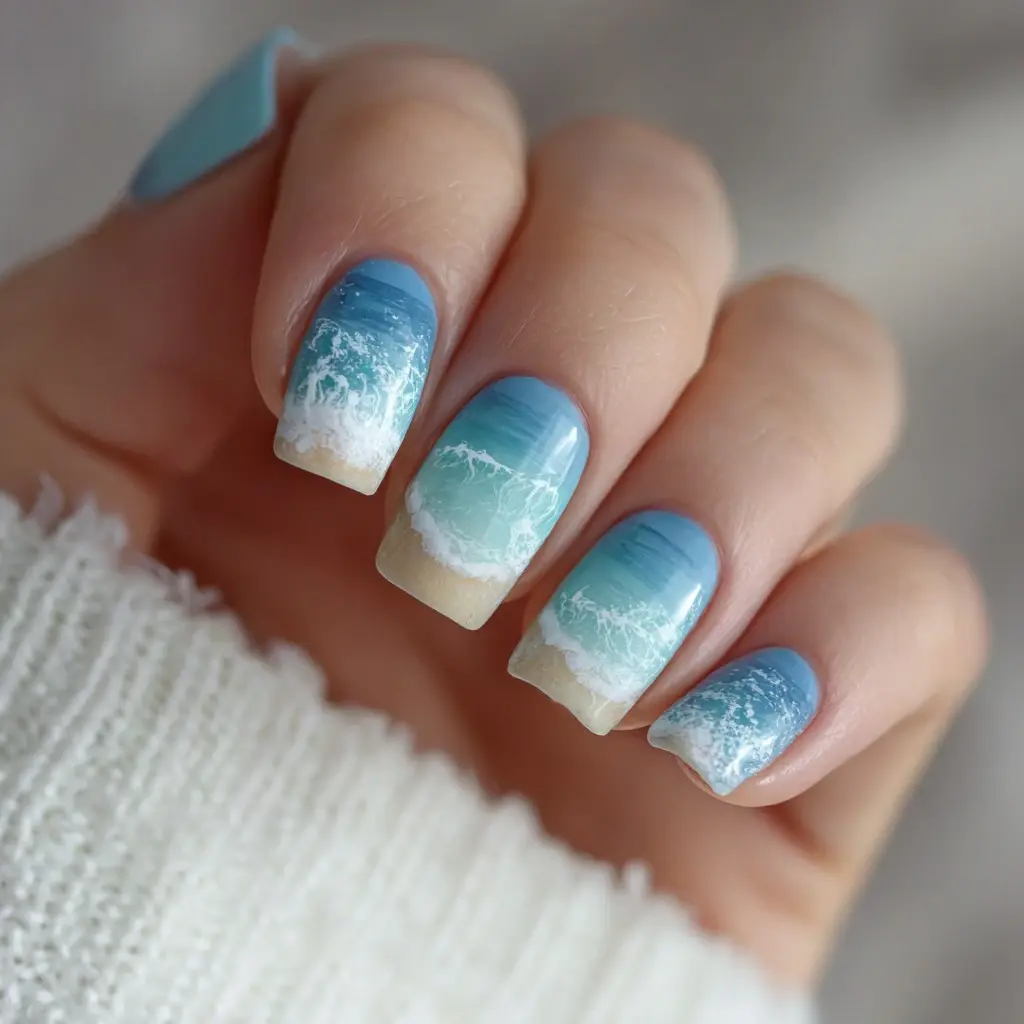 blue and white square medium nails with abstract and glossy