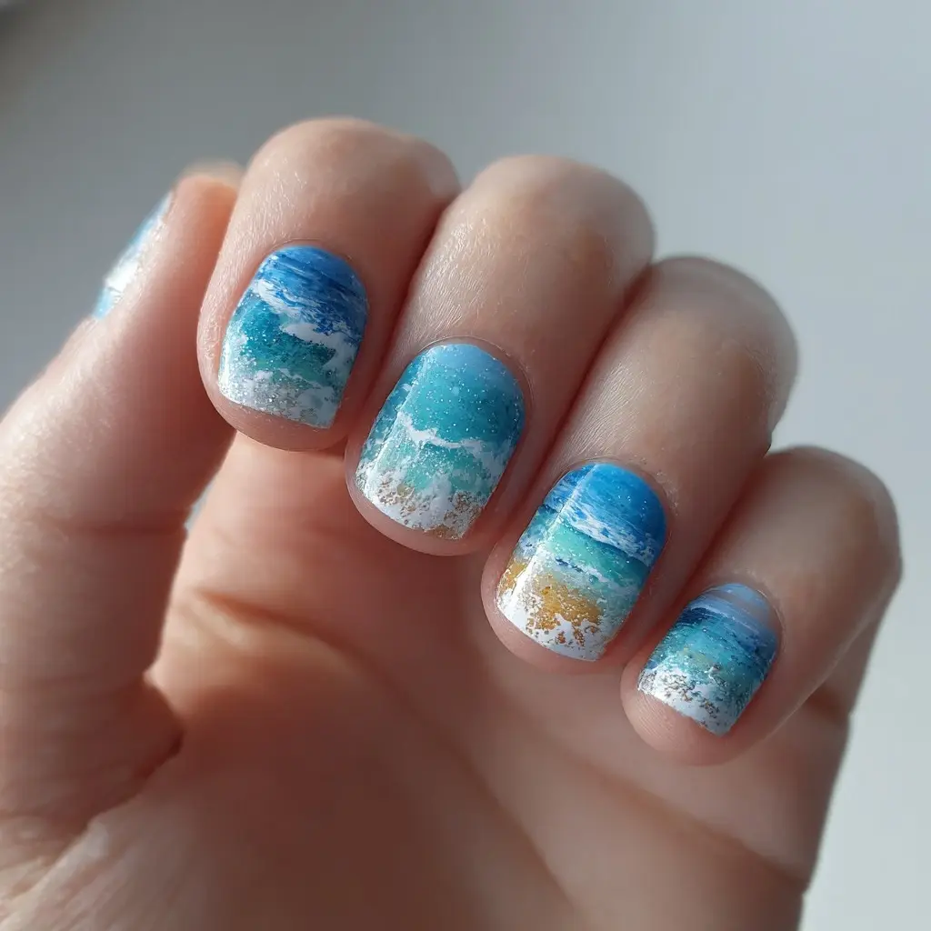 blue and white square medium nails with abstract and ombre