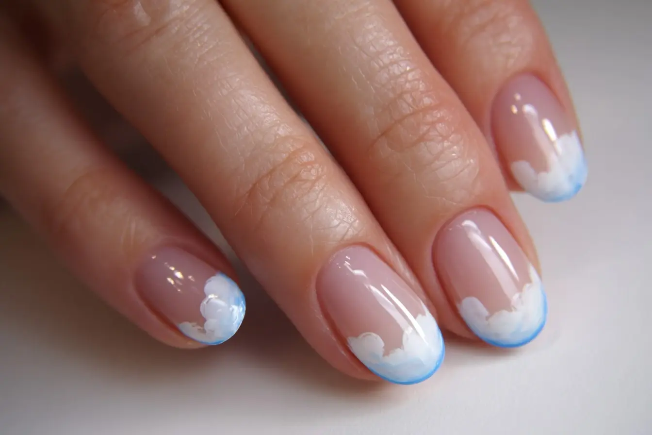 Pastel Blue and White Cloud Nail Art Design
